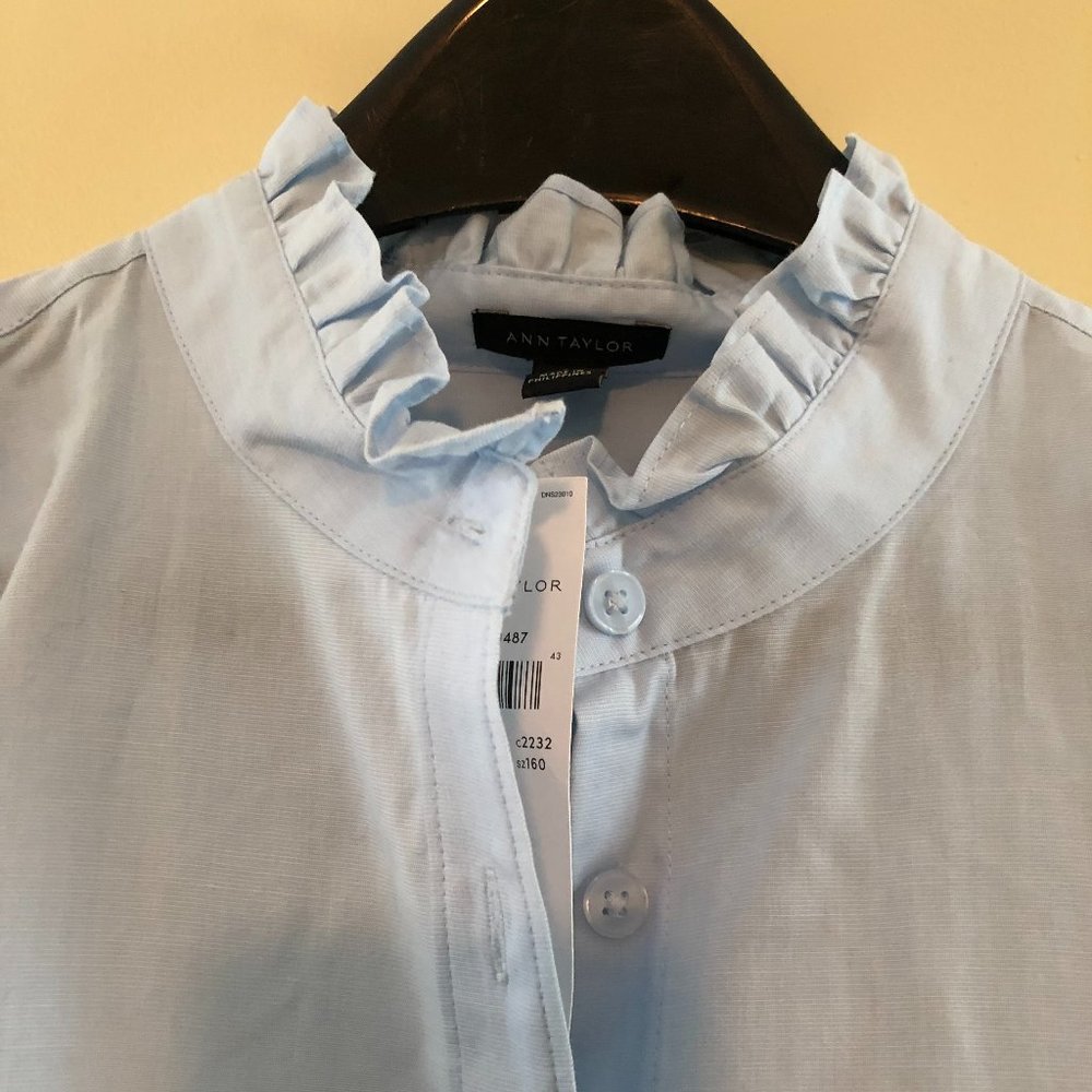 NWT! Ann Taylor Ruffle Collar Light Blue Shirt 16